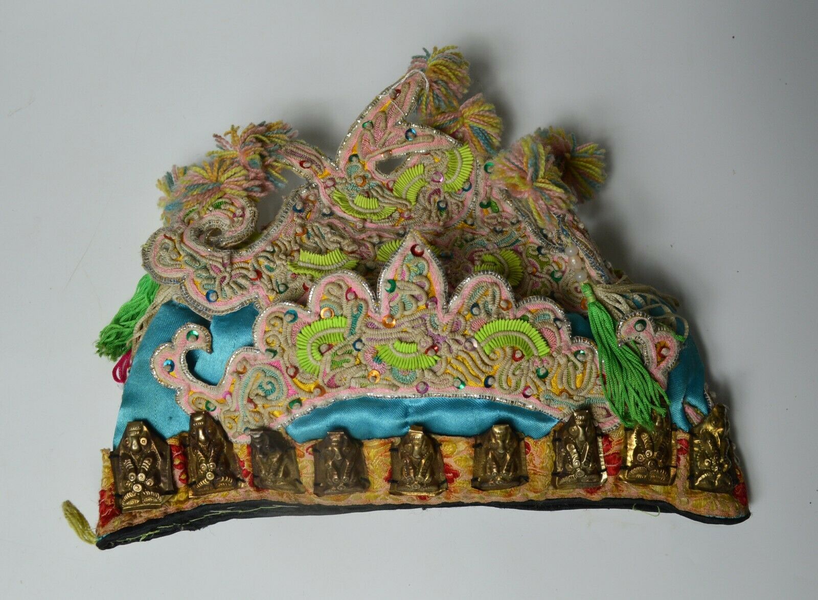 Rare old Chinese embroidered hat with metal Buddhist symbols - Image 2