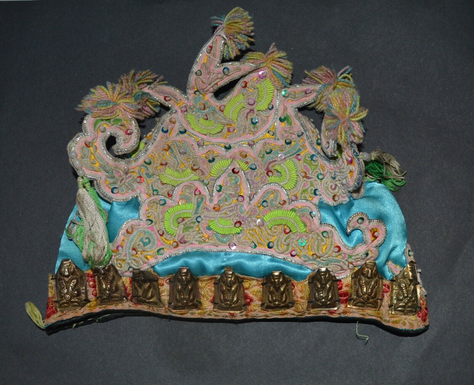 Rare old Chinese embroidered hat with metal Buddhist symbols - Image 4