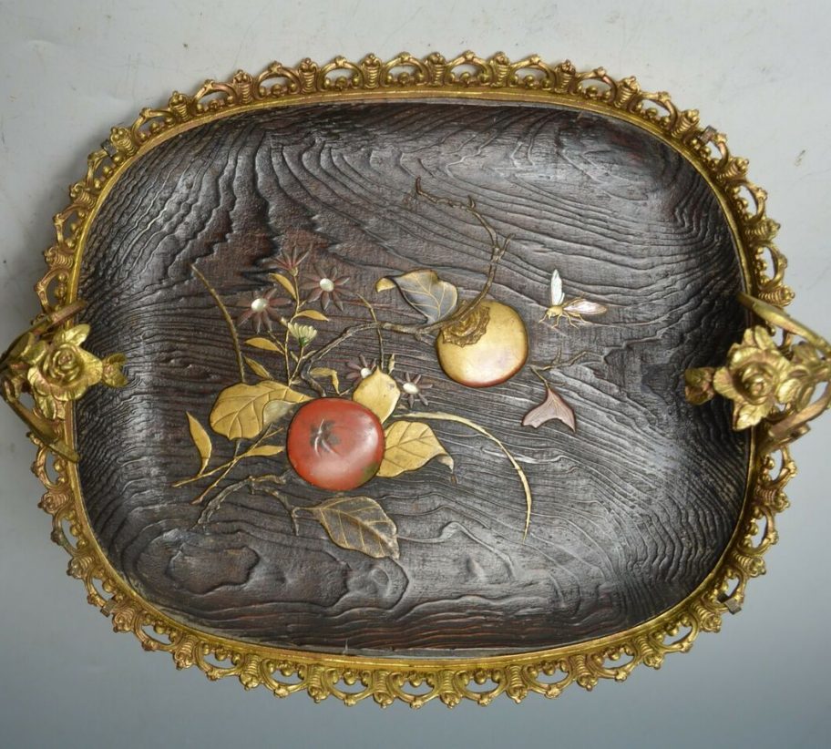 Fine Elegant Antique Japanese Ormolu Mounted Lacquered wood plate 日本の骨董品 SOLD