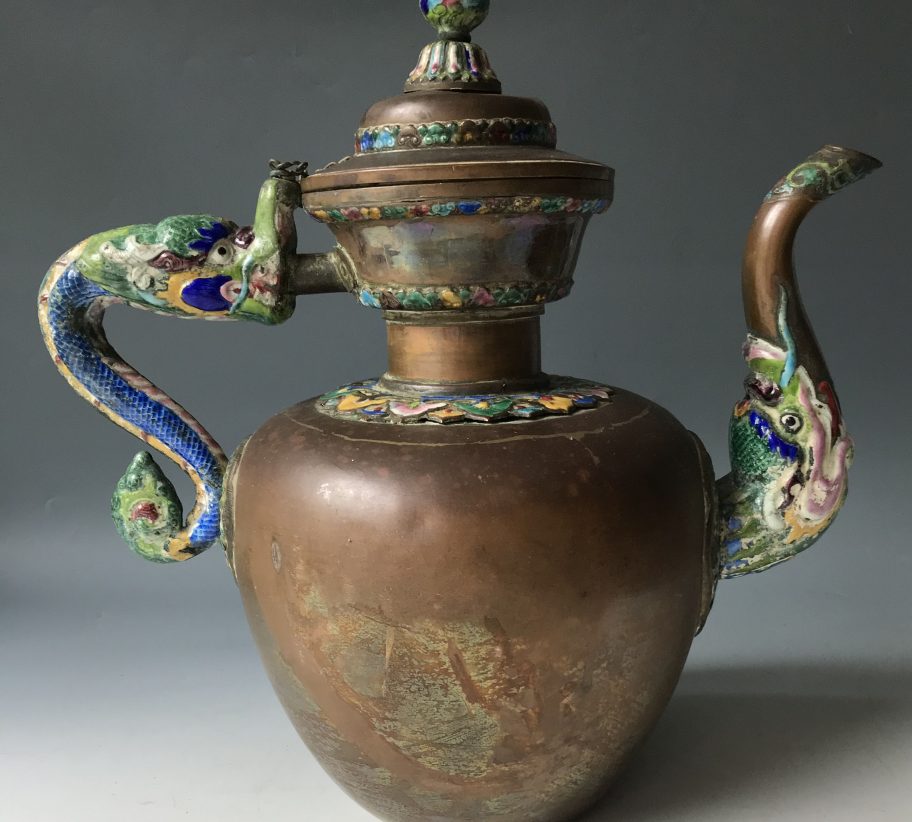 Mongolian copper enamel teapot asian antiques