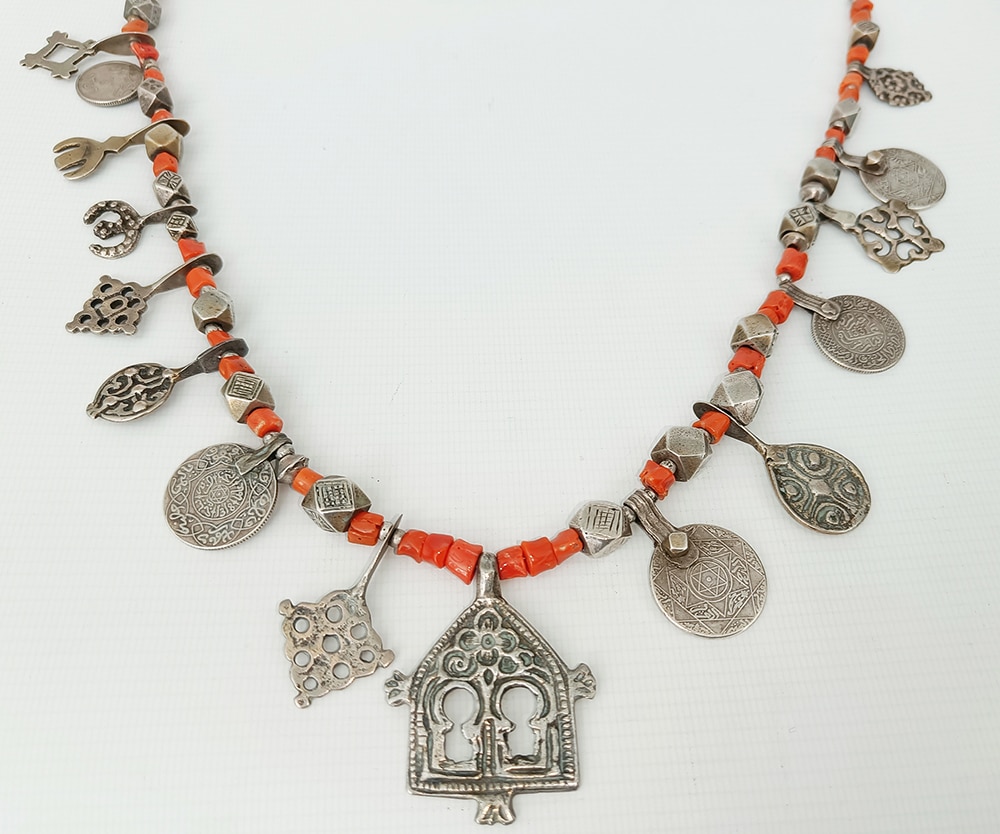 SOLD Antique Moroccan Berber Silver Coral Beaded Necklace Tribal silver jewellery