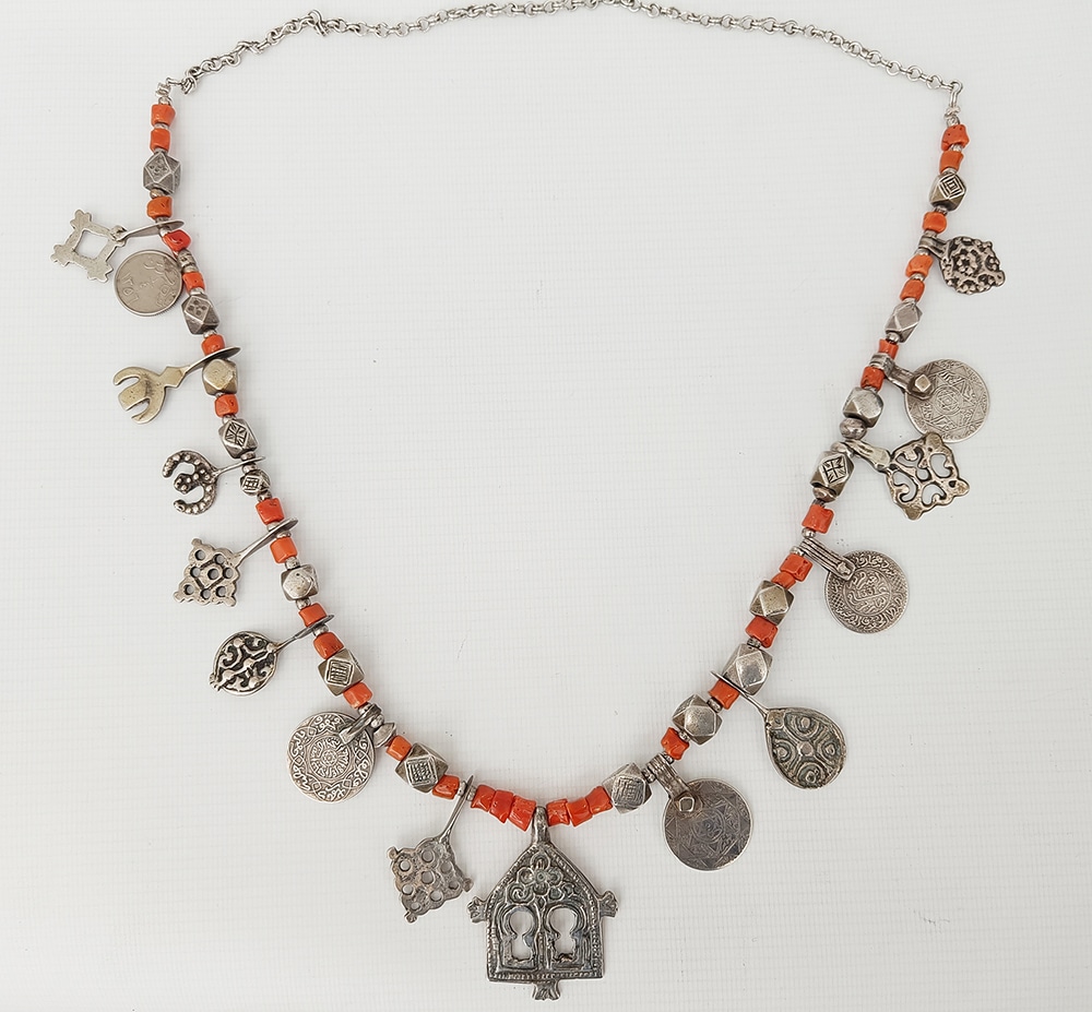 SOLD Antique Moroccan Berber Silver Coral Beaded Necklace Tribal silver jewellery - Image 2