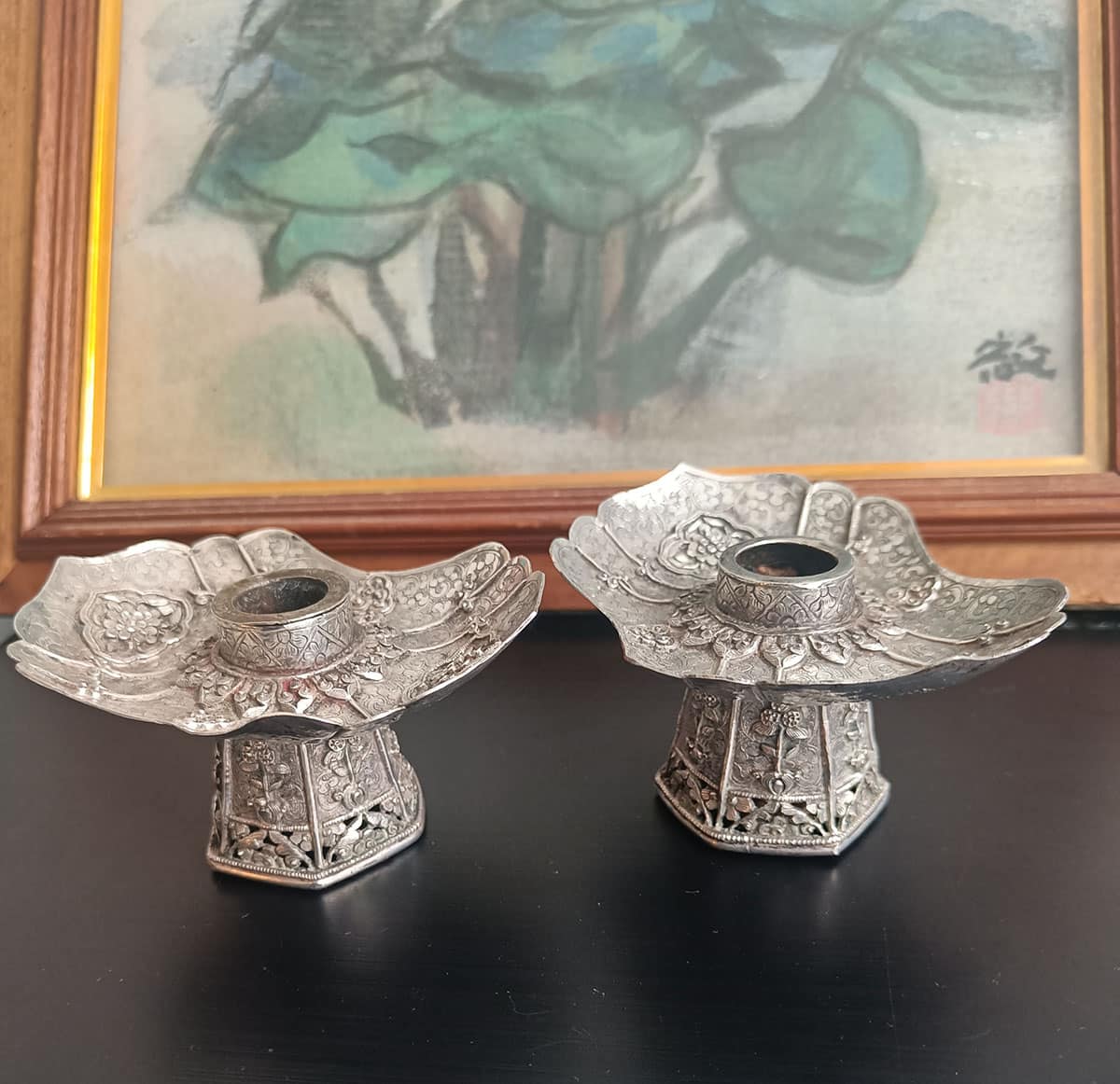 Antique Sino-Tibetan Silver Stands Tibet Himalayan Rare Asian Art