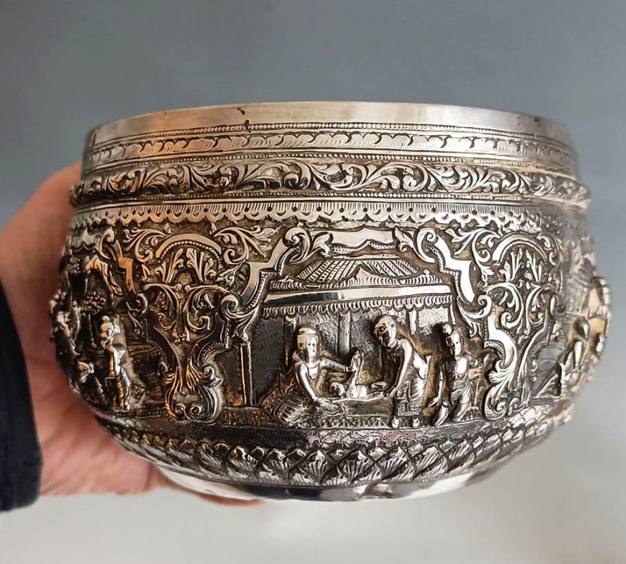 Antique Burmese Silver Repoussé Thabeik Bowl Asian Art